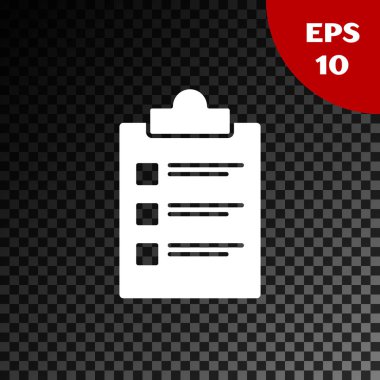 Saydam koyu arka planda yalıtılmış denetim listesi simgesine sahip Beyaz Pano. Denetim listesi simgesi. Anket anketi veya anket geri bildirim formu. Vektör İllüstrasyonu