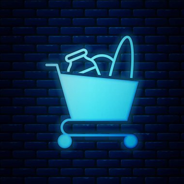 Parlayan neon alışveriş arabası ve duvarda izole edilmiş yemek ikonu. Yiyecek dükkanı, süpermarket. Vektör İllüstrasyonu