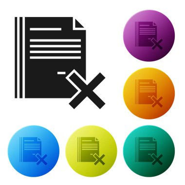 Siyah beyaz arka planda yalıtılmış dosya belge simgesini silin. Reddedilen belge simgesi. Kağıt üzerinde çapraz. Simgeler renkli daire düğmelerini ayarlayın. Vektör Illustration