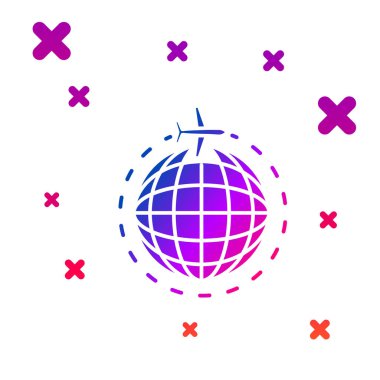 Beyaz arka planda izole uçan uçak simgesi ile renk küre. Gezegen yeryüzünde uçak sinek. Uçak dünya simgesi. Degrade rasgele dinamik şekiller. Vektör Illustration