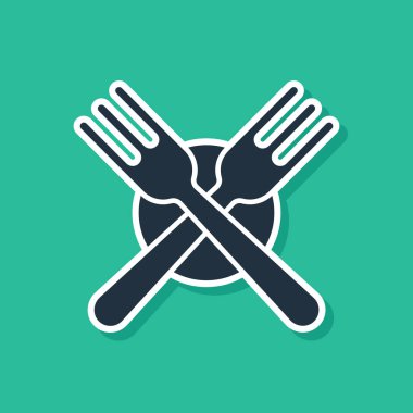 Mavi çapraz çatal simgesi yeşil arka planda yalıtılmış. Çatal bıçak sembolü. Vektör Illustration