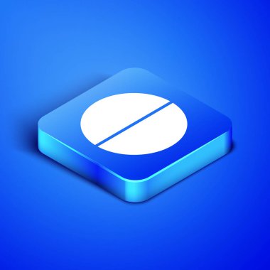 İzometrik tıp hap veya Tablet simgesi mavi arka planda izole. Kapsül hap ve uyuşturucu işareti. Eczane tasarımı. Mavi kare düğmesi. Vektör Illustration