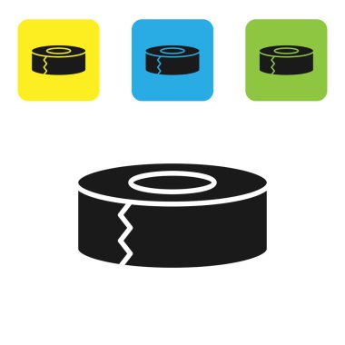 Beyaz arka planda izole siyah Scotch simgesi. İş ve onarım için yapışkan bant rulo. Yapışkan ambalaj bandı. Ofis aracı ve şeyler. Set simgeleri renkli kare düğmeler. Vektör Illustration