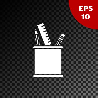 Beyaz kalem Case Kırtasiye simgesi şeffaf koyu arka planda izole. Kalem, kalem, cetvel, ofis için bir bardakta. Vektör Illustration