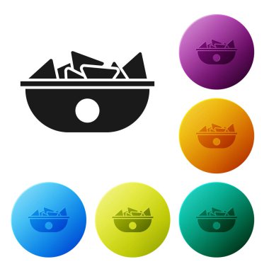 Siyah nachos plaka simgesi beyaz arka planda izole. Tortilla cips veya nachos tortillalar. Geleneksel Meksika Fast Food menüsü. Simgeler renkli daire düğmelerini ayarlayın. Vektör Illustration