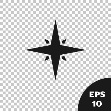 Siyah rüzgar şeffaf arka planda izole simgesi yükseldi. Seyahat için pusula simgesi. Navigasyon tasarımı. Vektör Illustration