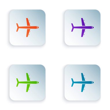 Beyaz arka planda izole renkli düzlem simgesi. Uçan uçak simgesi. Airliner işareti. Renkli kare düğmeleri simgeleri ayarlayın. Vektör Illustration