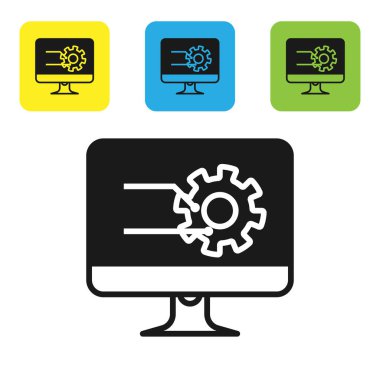 Siyah bilgisayar monitörü grafik grafik simgesi beyaz arka planda yalıtılmış. Rapor metin dosyası simgesi. Hesap işareti. Denetim, analiz, planlama. Set simgeleri renkli kare düğmeler. Vektör Illustration