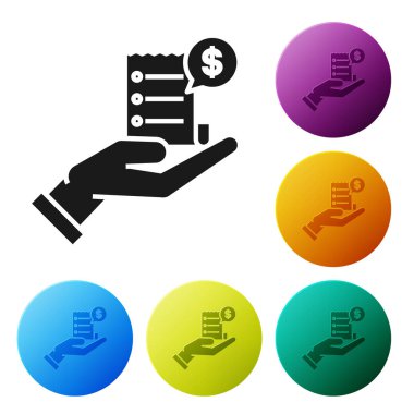 Siyah ınsan el Beyaz arka planda izole ödeme simgesi için boş makbuzu veya fatura ile tutarak. Bankacılık ve işletme işlemleri. Simgeler renkli daire düğmelerini ayarlayın. Vektör Illustration