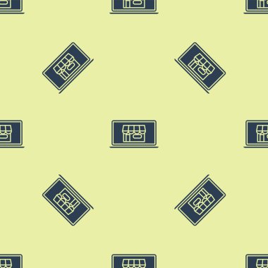 Beyaz arka planda ekran laptop simgesi izole Dikişsiz desen mavi alışveriş binası. Konsept e-ticaret, e-iş, online iş pazarlama. Vektör Illustration