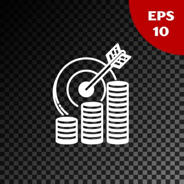 Beyaz hedef, şeffaf koyu arka planda izole jeton sembolü ile. Yatırım hedef simgesi. Başarılı iş konsepti. Nakit veya para işareti. Vektör Illustration