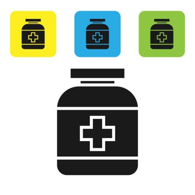 Siyah tıp şişe simgesi beyaz arka planda izole. Şişe hap işareti. Eczane tasarımı. Set simgeleri renkli kare düğmeler. Vektör Illustration