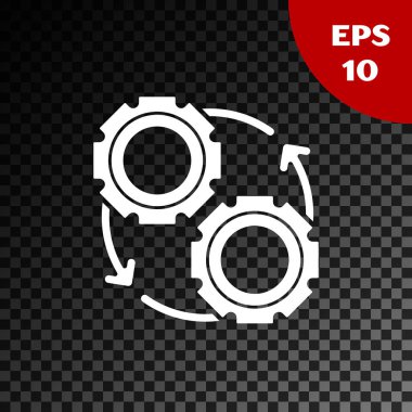 Beyaz dişli ve şeffaf koyu arka planda izole iş akışı süreci kavramı simgesi olarak oklar. Dişli yeniden işareti. Vektör Illustration