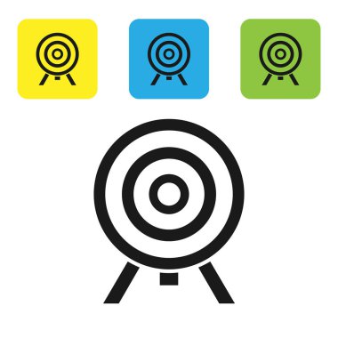 Siyah hedef simgesi beyaz arka planda yalıtılmış. Dart tahtası işareti. Okçuluk Panosu simgesi. Dartboard tabelası. İş hedefi kavramı. Set simgeleri renkli kare düğmeler. Vektör Illustration