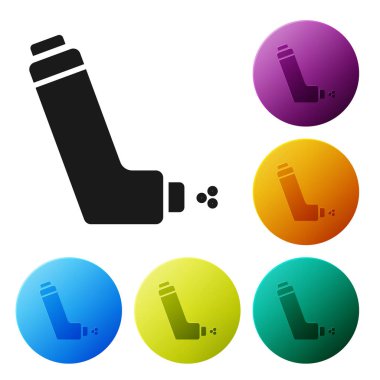 Beyaz arka planda izole siyah Inhaler simgesi. Öksürük, inhalasyon, Alerjik hasta için nefes. Tıbbi alerji astım inhaler sprey. Simgeler renkli daire düğmelerini ayarlayın. Vektör Illustration