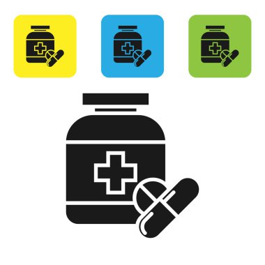 Siyah tıp şişe ve hap simgesi beyaz arka planda izole. Şişe hap işareti. Eczane tasarımı. Set simgeleri renkli kare düğmeler. Vektör Illustration