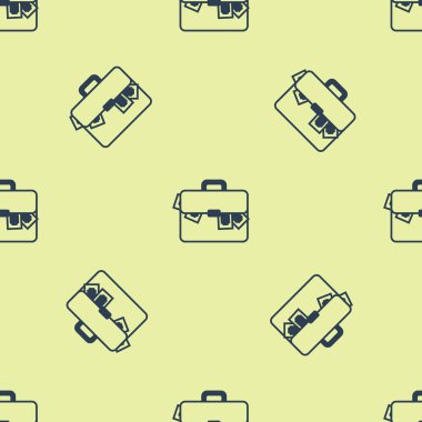 Mavi evrak çantası ve para simgesi beyaz arka planda yalıtılmış Dikişsiz desen. İş davası işareti. İş portföyü. Vektör Illustration