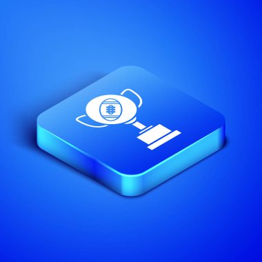 İzometrik ödül Kupası ve Amerikan futbol topu simgesi mavi arka planda izole edilmiştir. Kazanan Kupa sembolü. Şampiyonluk veya yarışma Kupası. Mavi kare düğmesi. Vektör Illustration