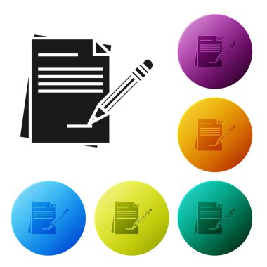 Siyah boş Notebook ve kalem beyaz arka planda izole silgi simgesi ile. Kağıt ve kalem. Simgeler renkli daire düğmelerini ayarlayın. Vektör Illustration