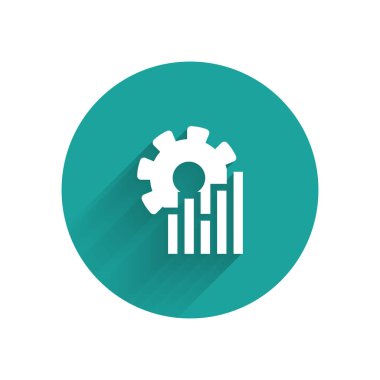 Beyaz pasta grafik Infographic simgesi uzun gölge ile yalıtılmış. Diyagram grafik işareti. Yeşil daire düğmesi. Vektör Illustration