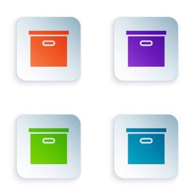 Beyaz arka planda izole renkli karton karton kutu simgesi. Kutu, paket, koli işareti. Teslimat ve paketleme. Ulaşım ve nakliye. Renkli kare düğmeleri simgeleri ayarlayın. Vektör Illustration