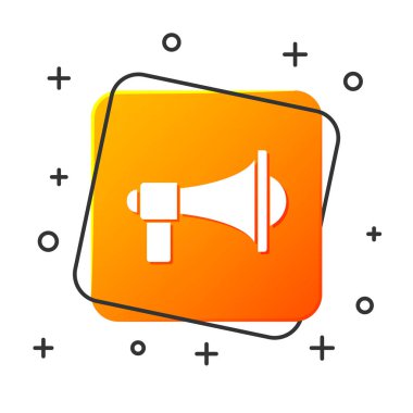 Beyaz megafon simgesi beyaz arka planda izole edilmiştir. Yüksek sesle konuşma uyarısı kavramı. Ağızlık için Bullhorn çığlık promosyonu. Turuncu kare düğmesi. Vektör Illustration