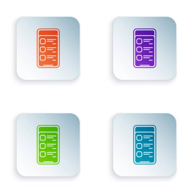 Renkli online alışveriş cep telefonu simgesi beyaz arka planda izole. Online satın alma. Internet Mağazası, mobil mağaza uygulaması ve ödemeler faturalandırması. Renkli kare düğmeleri simgeleri ayarlayın. Vektör Illustration