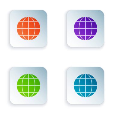 Beyaz arka planda izole renkli Earth küre simgesi. Dünya veya dünya tabelası. Küresel internet sembolü. Geometrik şekiller. Renkli kare düğmeleri simgeleri ayarlayın. Vektör Illustration