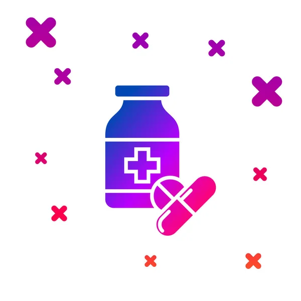 Colore Medicina bottiglia e pillole icona isolata su sfondo bianco. Segno della pillola della bottiglia. Design della farmacia. Gradiente forme dinamiche casuali. Illustrazione vettoriale — Vettoriale Stock