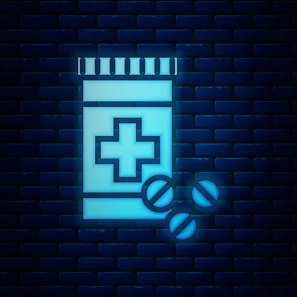Leuchtende Neon-Medizin-Flasche und Pillen-Symbol isoliert auf Backsteinwand Hintergrund. Flaschentablettenschild. Apothekendesign. Vektorillustration — Stockvektor