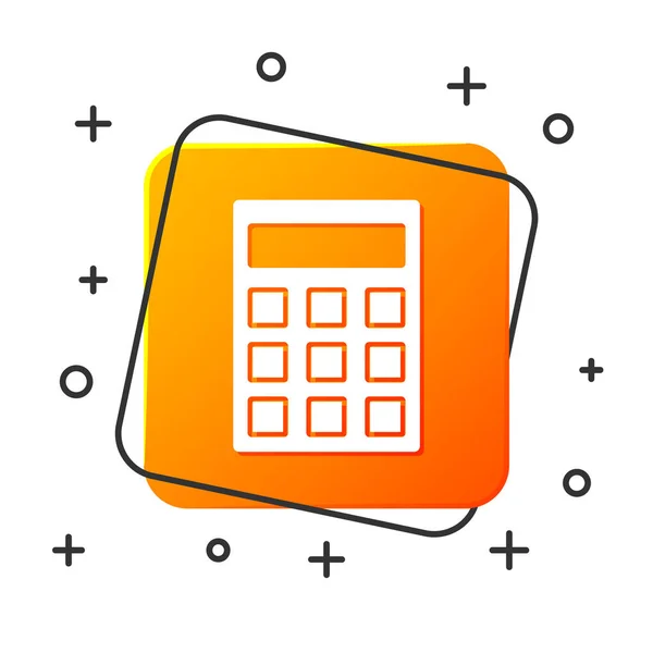 Ícone branco da calculadora isolado no fundo branco. Símbolo contabilístico. Cálculos de negócios educação matemática e finanças. Botão quadrado laranja. Ilustração vetorial —  Vetores de Stock