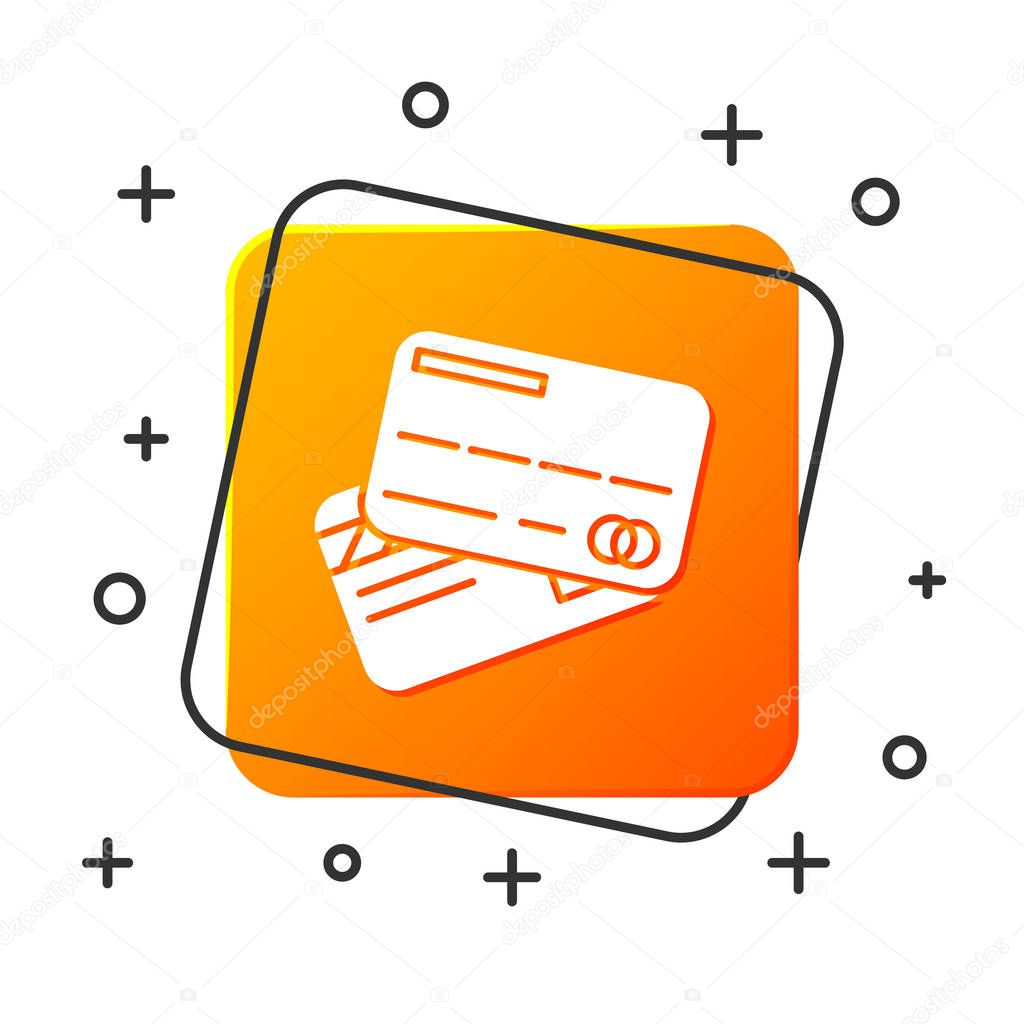 White Credit card icon isolated on white background. Online payment. Cash withdrawal. Financial operations. Shopping sign. Orange square button. Vector Illustration