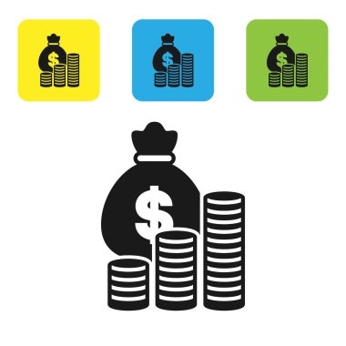 Siyah para çantası ve jeton simgesi beyaz arka planda izole. Dolar veya USD sembolü. Nakit bankacılık para birimi işareti. Set simgeleri renkli kare düğmeler. Vektör Illustration