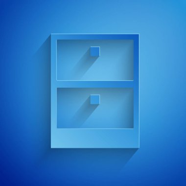 Kağıt kesilmiş arşiv kağıtları çekmece simgesi mavi arka planda izole. Evrak çekmecesi. Dosya dolabı çekmecesi. Ofis mobilyaları. Kağıt sanatı tarzı. Vektör Illustration