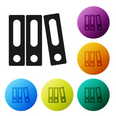 Beyaz arka planda yalıtılmış kağıtlar ve belgeler simgesi olan siyah ofis klasörleri. Ofis bağlayıcıları. Arşiv klasör işareti. Simgeler renkli daire düğmelerini ayarlayın. Vektör Illustration