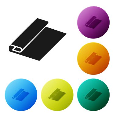 Siyah tekstil kumaş rulo simgesi beyaz arka planda izole. Rulo, mat, halı, bez, halı veya kağıt rulo simgesi. Simgeler renkli daire düğmelerini ayarlayın. Vektör Illustration