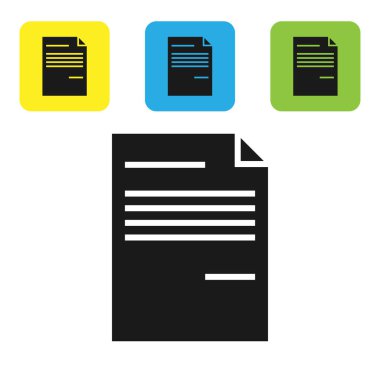 Siyah belge simgesi beyaz arka planda yalıtılmış. Dosya simgesi. Kontrol listesi simgesi. İş konsepti. Set simgeleri renkli kare düğmeler. Vektör Illustration