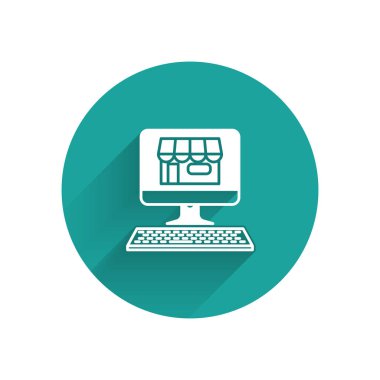 Beyaz alışveriş bina ekran bilgisayar simgesi uzun gölge ile izole. Konsept e-ticaret, e-iş, online iş pazarlama. Yeşil daire düğmesi. Vektör Illustration