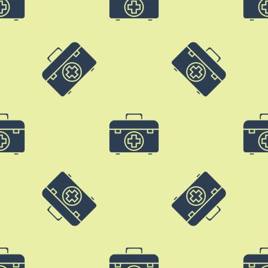 Mavi ilk yardım seti simgesi beyaz arkaplanda izole edilmiş pürüzsüz desen. Haçlı sağlık kutusu. Acil durumlar için tıbbi ekipman. Sağlık sigortası konsepti. Vektör İllüstrasyonu