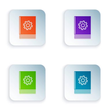 Beyaz arka planda yalıtılmış renk Kullanıcı el ile simgesi. Kullanım Kılavuzu kitabı. Yönerge işareti. Kullanmadan önce okuyun. Renkli kare düğmeleri simgeleri ayarlayın. Vektör Illustration