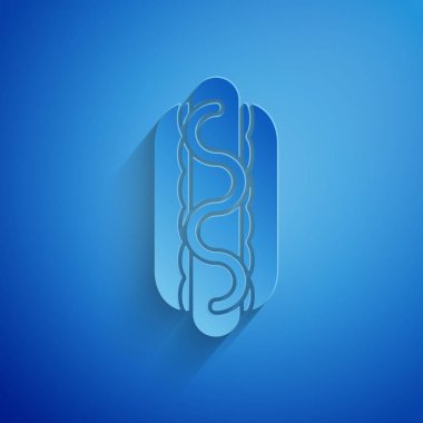 Mavi arka planda izole hardal simgesi ile kağıt kesme Hotdog sandviç. Sosis simgesi. Sokak Fast-Food menüsü. Kağıt sanatı tarzı. Vektör Illustration