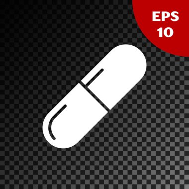 Beyaz tıp hap veya Tablet simgesi şeffaf koyu arka planda izole. Kapsül hap ve uyuşturucu işareti. Eczane tasarımı. Vektör Illustration