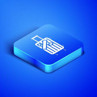 Seyahat ve çıkartmalar simgesi mavi arka planda izole için izometrik bavul. Seyahat Bagaj işareti. Seyahat Bagaj simgesi. Mavi kare düğmesi. Vektör Illustration