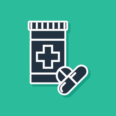 Mavi tıp şişe ve hap simgesi yeşil arka planda izole. Şişe hap işareti. Eczane tasarımı. Vektör Illustration