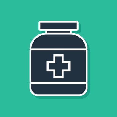 Mavi İlaç Şişesi simgesi yeşil arka planda izole edildi. Şişe hapı işareti. Eczane tasarımı. Vektör İllüstrasyonu