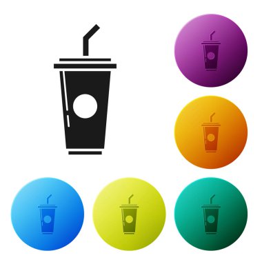 Siyah kağıt cam içme saman ve su simgesi beyaz arka planda izole. Soda içecek bardağı. Taze soğuk içecek sembolü. Simgeler renkli daire düğmelerini ayarlayın. Vektör Illustration