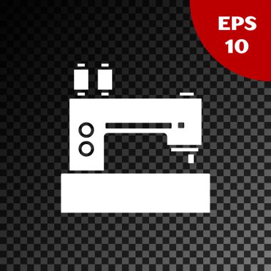 Beyaz dikiş makinesi simgesi şeffaf koyu arka planda izole. Vektör Illustration