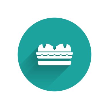 Beyaz sandviç simgesi uzun gölge ile yalıtılmış. Hamburger simgesi. Burger gıda sembolü. Cheeseburger sandviç işareti. Sokak Fast-Food menüsü. Yeşil daire düğmesi. Vektör Illustration