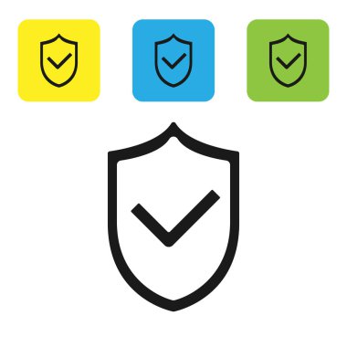 Beyaz arka planda izole edilmiş onay işareti simgesiyle siyah kalkan. Koruma sembolü. Güvenlik denetimi simgesi. Onay işareti onaylı simgesi. Set simgeleri renkli kare düğmeler. Vektör Illustration