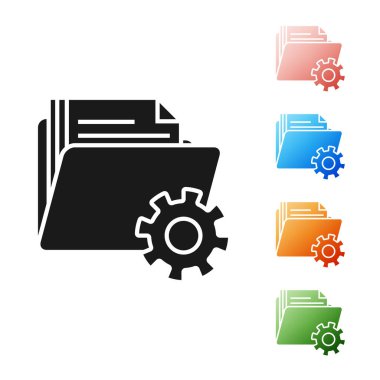 Beyaz arka planda izole dişli simgesi ile siyah klasör ayarları. Yazılım güncellemesi, Transfer Protokolü, takım çalışması aracı yönetimi. Simgeler renkli ayarlayın. Vektör Illustration